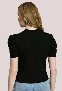 Women's Puff Sleeve Top with Front Cut-Out and Mock Neck
 - Black, M