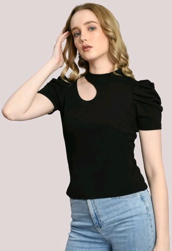Women's Puff Sleeve Top with Front Cut-Out and Mock Neck
 - Black, M