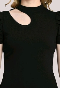 Women's Puff Sleeve Top with Front Cut-Out and Mock Neck
 - Black, M