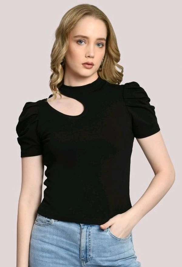 Women's Puff Sleeve Top with Front Cut-Out and Mock Neck
 - Black, XL