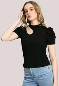 Women's Puff Sleeve Top with Front Cut-Out and Mock Neck
 - Black, XL