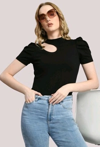 Women's Puff Sleeve Top with Front Cut-Out and Mock Neck
 - Black, XL