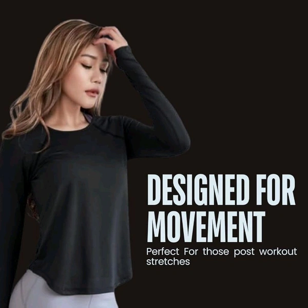 Women's Long Sleeve Workout T-Shirt | Round Neck - Plain Long Sleeve Relaxed Fit Tshirt for Women Yoga Sports T-Shirt
 - Black, L