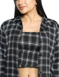 Women's Black and White Plaid Crop Top with Long Sleeves, Casual Stylish Design Combo of Shirt & Tube Top
 - Black, L
