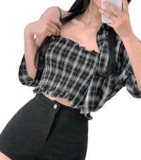 Women's Black and White Plaid Crop Top with Long Sleeves, Casual Stylish Design Combo of Shirt & Tube Top
 - Black, L