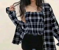 Women's Black and White Plaid Crop Top with Long Sleeves, Casual Stylish Design Combo of Shirt & Tube Top
 - Black, M