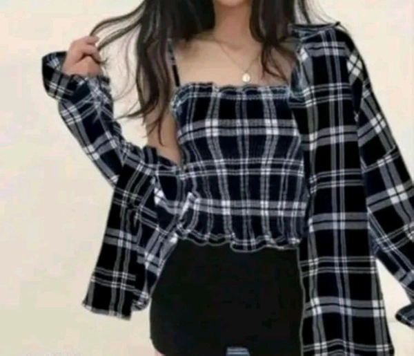 Women's Black and White Plaid Crop Top with Long Sleeves, Casual Stylish Design Combo of Shirt & Tube Top
 - Black, S