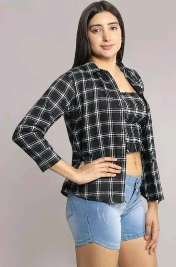 Women's Black and White Plaid Crop Top with Long Sleeves, Casual Stylish Design Combo of Shirt & Tube Top
 - Black, Free Size