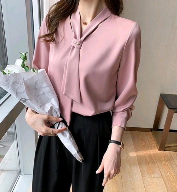 Women's Elegant Tie-Neck Blouse, Long Sleeve Professional Office Top, White and Pink, Business Casual Style - Bouquet, L