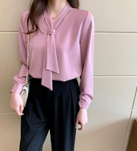 Women's Elegant Tie-Neck Blouse, Long Sleeve Professional Office Top, White and Pink, Business Casual Style - Bouquet, M