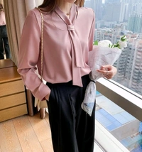 Women's Elegant Tie-Neck Blouse, Long Sleeve Professional Office Top, White and Pink, Business Casual Style - Bouquet, XL