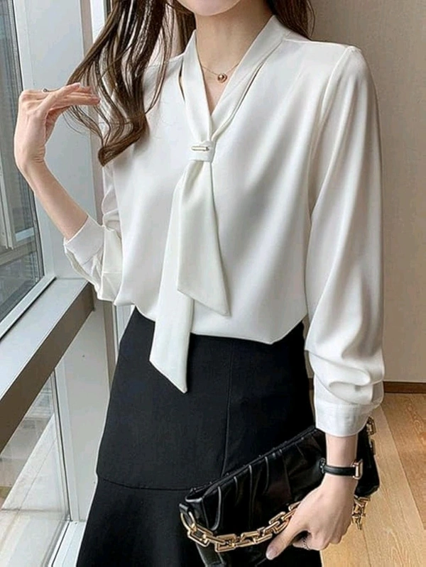 Women's Elegant Tie-Neck Blouse, Long Sleeve Professional Office Top, White and Pink, Business Casual Style - White, L
