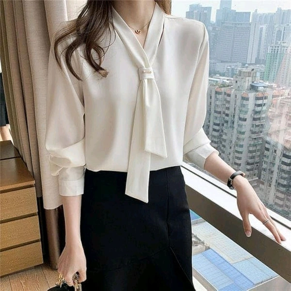 Women's Elegant Tie-Neck Blouse, Long Sleeve Professional Office Top, White and Pink, Business Casual Style - White, M