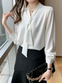 Women's Elegant Tie-Neck Blouse, Long Sleeve Professional Office Top, White and Pink, Business Casual Style - White, M