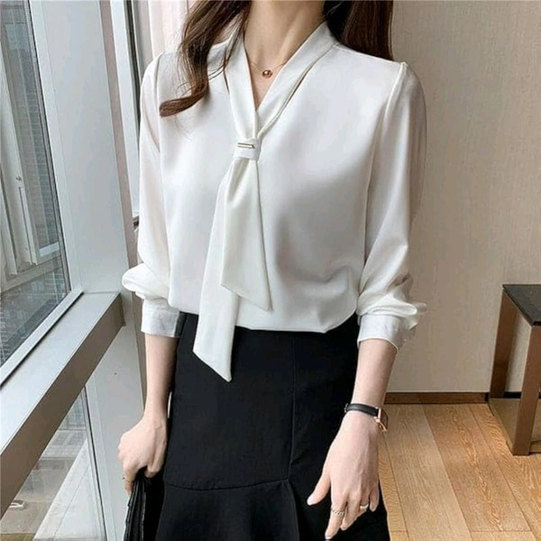 Women's Elegant Tie-Neck Blouse, Long Sleeve Professional Office Top, White and Pink, Business Casual Style - White, S