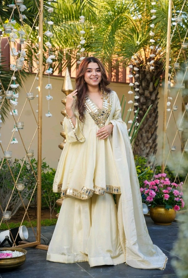 Off White Cosmos Real Mirror Work Kurta With Sharara & Dupatta Set - White Rock, L