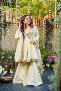 Off White Cosmos Real Mirror Work Kurta With Sharara & Dupatta Set - White Rock, M