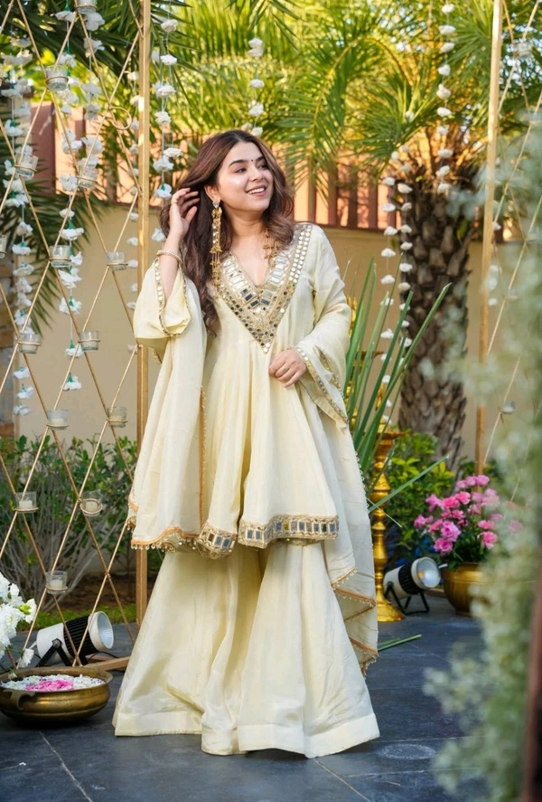 Off White Cosmos Real Mirror Work Kurta With Sharara & Dupatta Set - White Rock, S