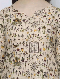 Women's Cotton Floral Print Straight Kurta, Full Sleeve, Round Neck, Side Slit, Traditional Style (in, Alpha, L, Cream) - L, Cream