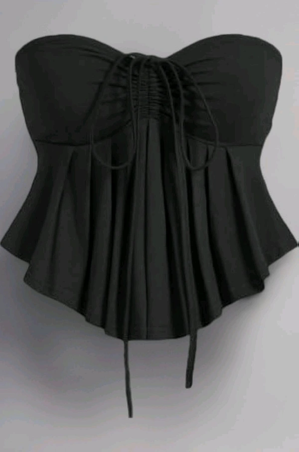 Trendy Drawstring Front Off-Shoulder Ruffle Hem Tube Top
 - Black, L