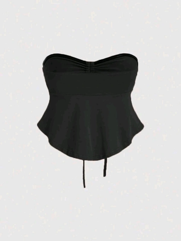 Trendy Drawstring Front Off-Shoulder Ruffle Hem Tube Top
 - Black, S