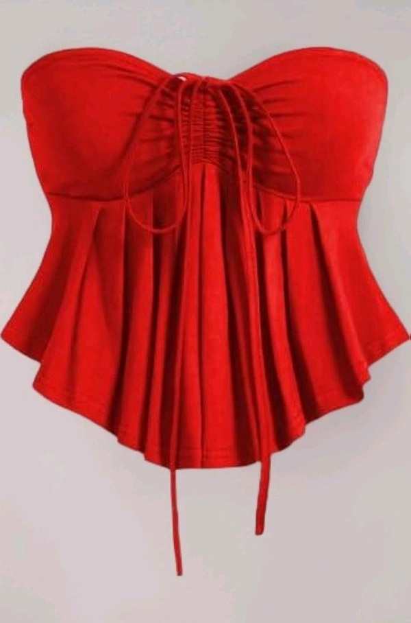 Trendy Drawstring Front Off-Shoulder Ruffle Hem Tube Top
 - Red, M