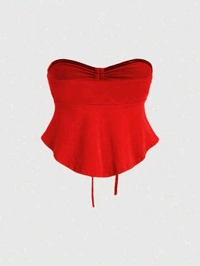 Trendy Drawstring Front Off-Shoulder Ruffle Hem Tube Top
 - Red, M