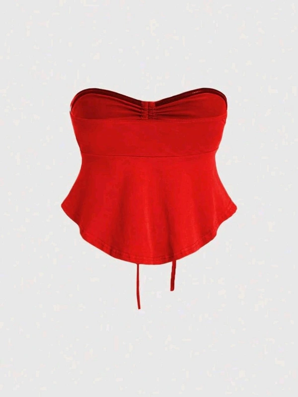 Trendy Drawstring Front Off-Shoulder Ruffle Hem Tube Top
 - Red, M