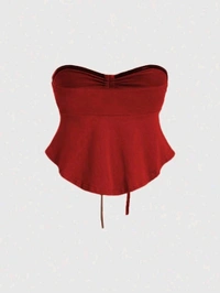 Trendy Drawstring Front Off-Shoulder Ruffle Hem Tube Top
 - Maroon, L