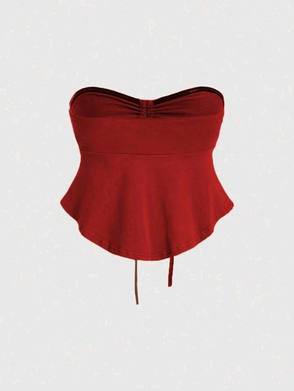 Trendy Drawstring Front Off-Shoulder Ruffle Hem Tube Top
 - Maroon, L