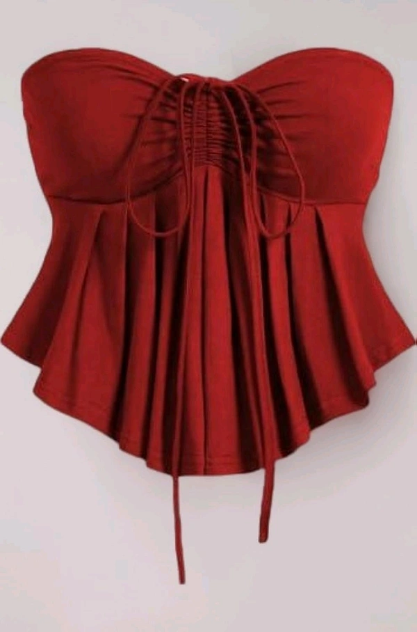 Trendy Drawstring Front Off-Shoulder Ruffle Hem Tube Top
 - Maroon, M