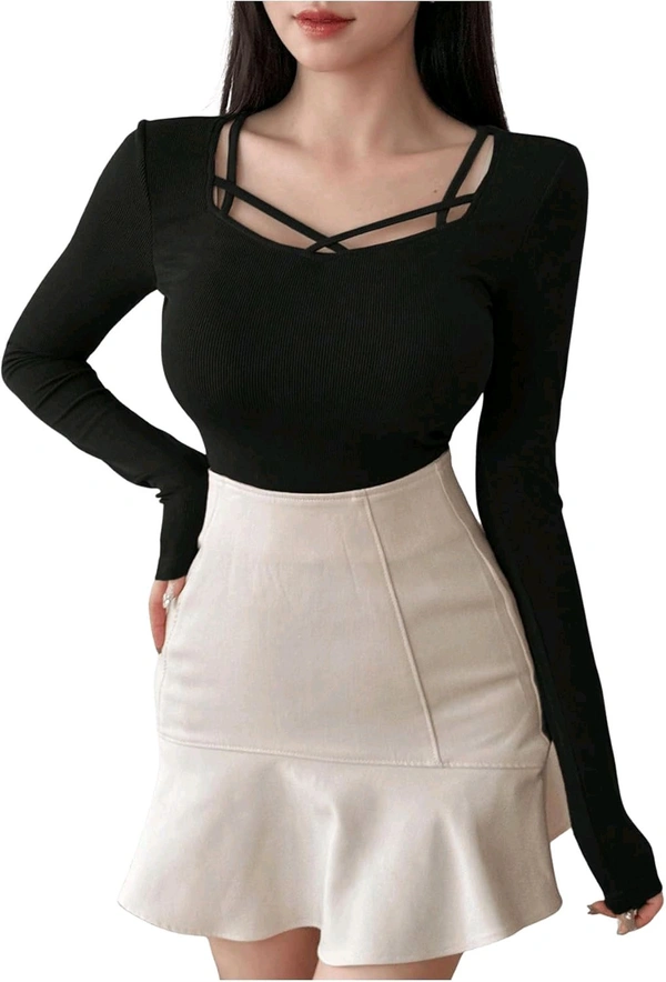 Women's Criss Cross Scoop Neck T Shirt Long Sleeve Slim Fit Dressy Casual Fall Tops - Black, L