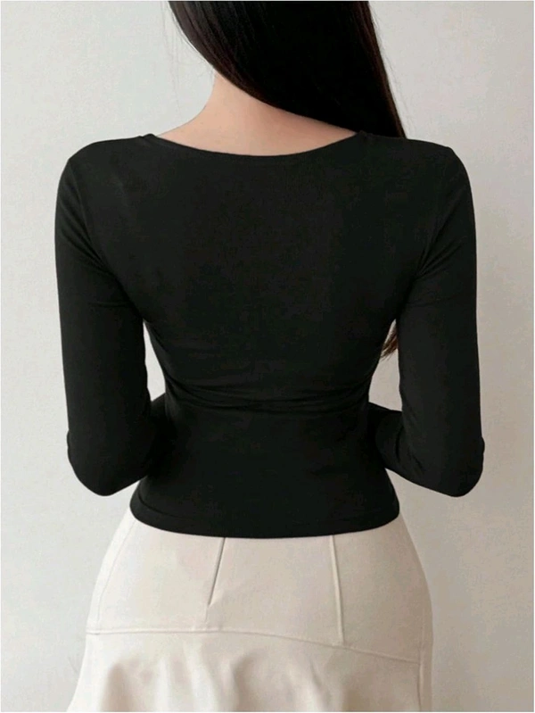 Women's Criss Cross Scoop Neck T Shirt Long Sleeve Slim Fit Dressy Casual Fall Tops - Black, L