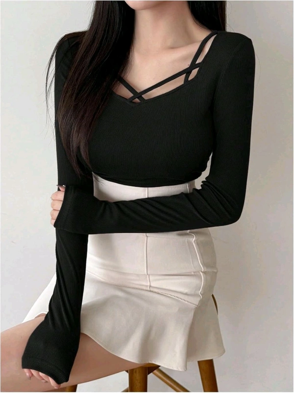 Women's Criss Cross Scoop Neck T Shirt Long Sleeve Slim Fit Dressy Casual Fall Tops - Black, L