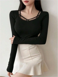 Women's Criss Cross Scoop Neck T Shirt Long Sleeve Slim Fit Dressy Casual Fall Tops - Black, L