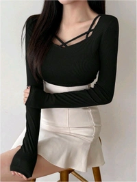 Women's Criss Cross Scoop Neck T Shirt Long Sleeve Slim Fit Dressy Casual Fall Tops - Black, XL