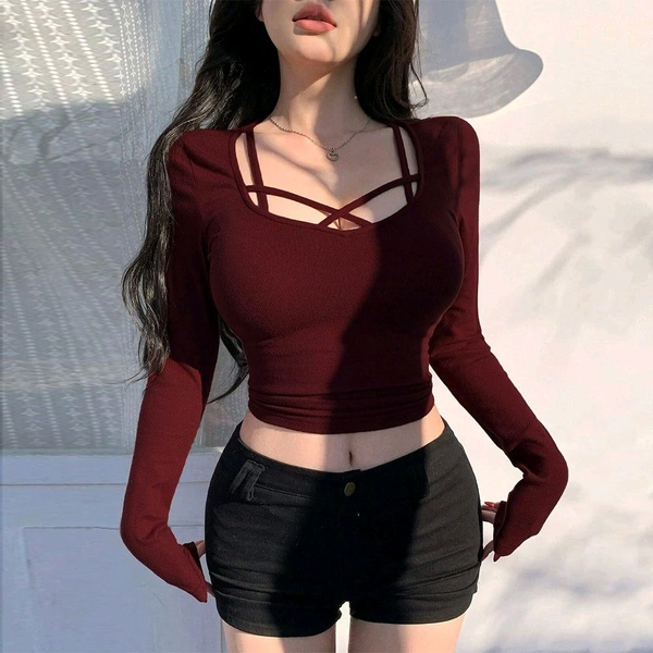 Women's Criss Cross Scoop Neck T Shirt Long Sleeve Slim Fit Dressy Casual Fall Tops - Maroon, XL