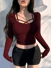 Women's Criss Cross Scoop Neck T Shirt Long Sleeve Slim Fit Dressy Casual Fall Tops - Maroon, XL
