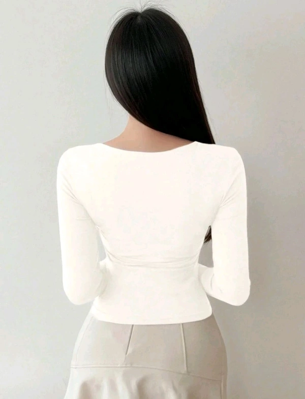 Women's Criss Cross Scoop Neck T Shirt Long Sleeve Slim Fit Dressy Casual Fall Tops - White, L