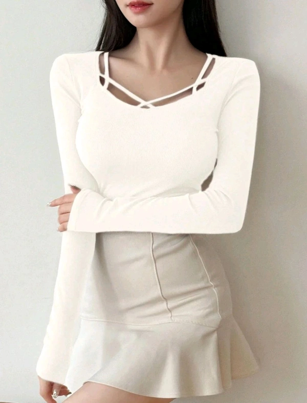 Women's Criss Cross Scoop Neck T Shirt Long Sleeve Slim Fit Dressy Casual Fall Tops - White, S