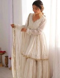 Real Mirror Mal Chanderi Sharara Suit With Full Flair Plazzo - White, L