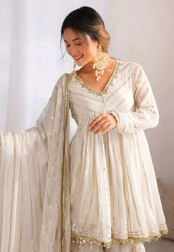 Real Mirror Mal Chanderi Sharara Suit With Full Flair Plazzo - White, M