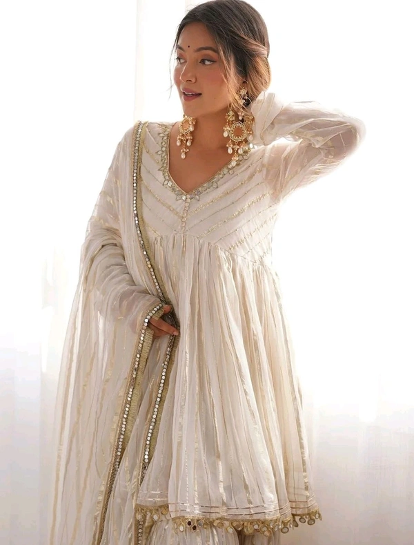 Real Mirror Mal Chanderi Sharara Suit With Full Flair Plazzo - White, M