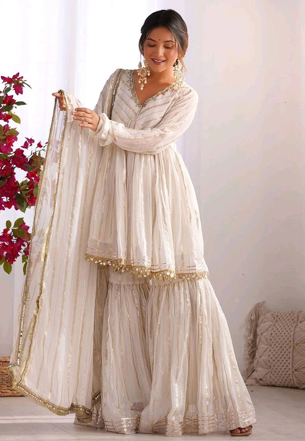 Real Mirror Mal Chanderi Sharara Suit With Full Flair Plazzo - White, S