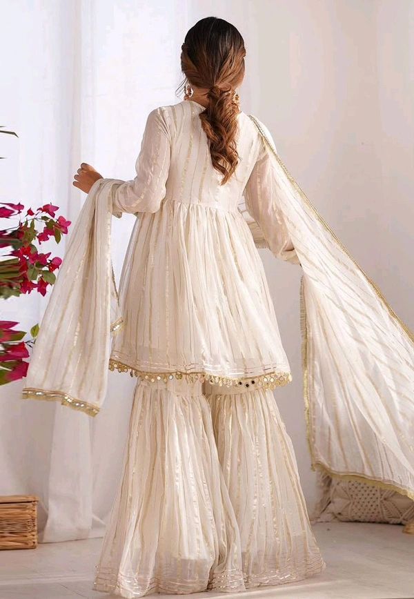 Real Mirror Mal Chanderi Sharara Suit With Full Flair Plazzo - White, S