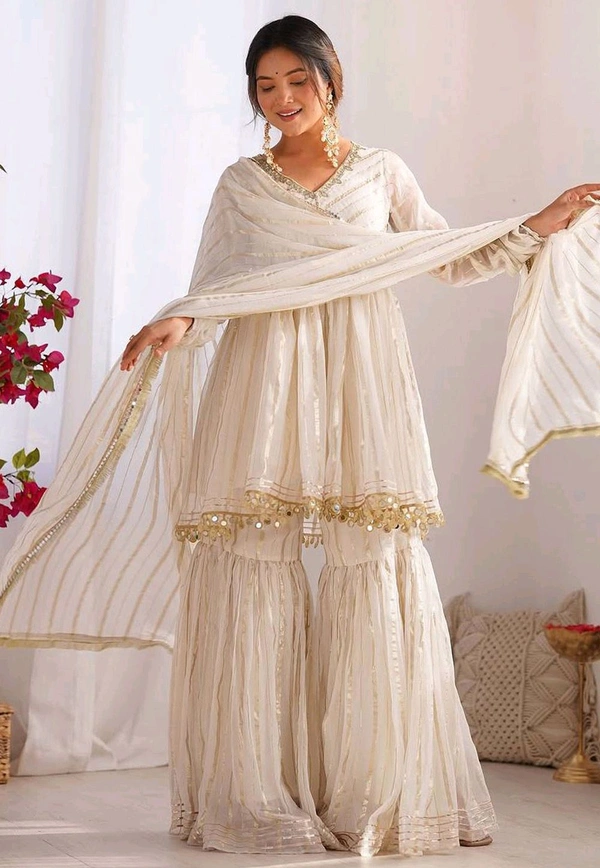 Real Mirror Mal Chanderi Sharara Suit With Full Flair Plazzo - White, S