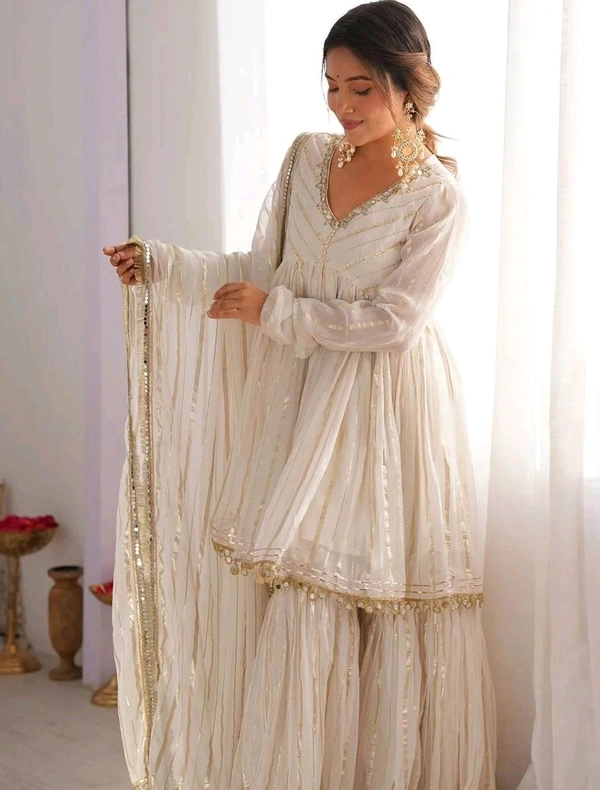 Real Mirror Mal Chanderi Sharara Suit With Full Flair Plazzo - White, XL