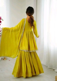 Real Mirror Mal Chanderi Sharara Suit With Full Flair Plazzo - Mastard, L