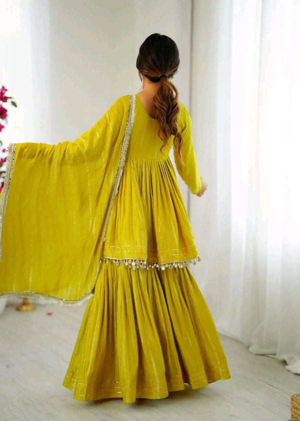 Real Mirror Mal Chanderi Sharara Suit With Full Flair Plazzo - Mastard, M