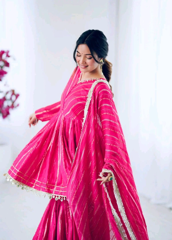 Real Mirror Mal Chanderi Sharara Suit With Full Flair Plazzo - Pink, L